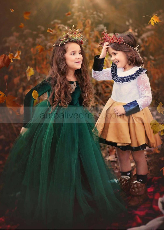 Long Sleeves Emerald Green Velvet Tulle Flower Girl Dress